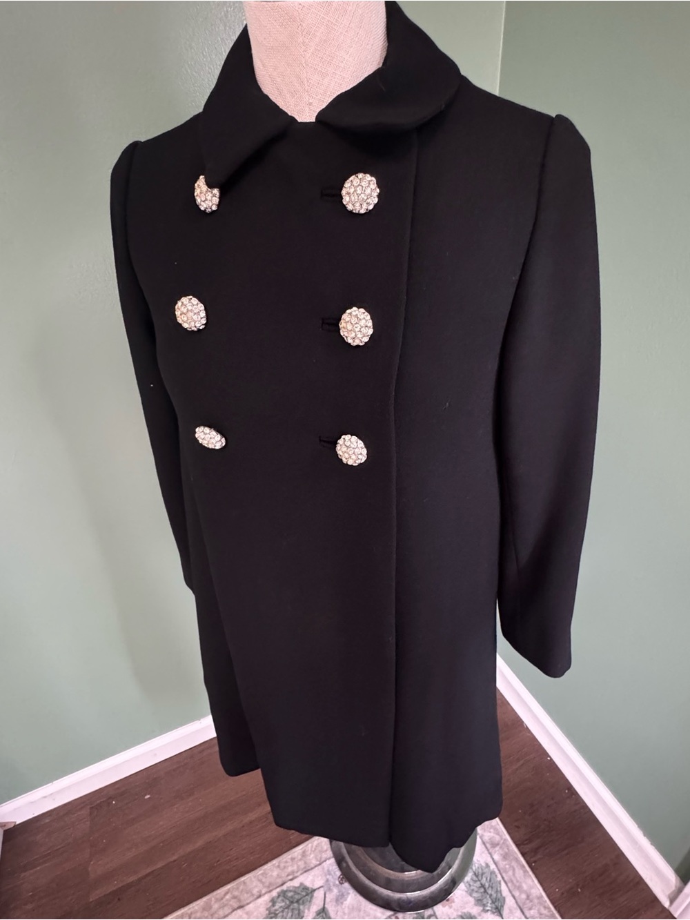 Vintage Black Double-Breasted Women's Coat with Rhinestone Buttons